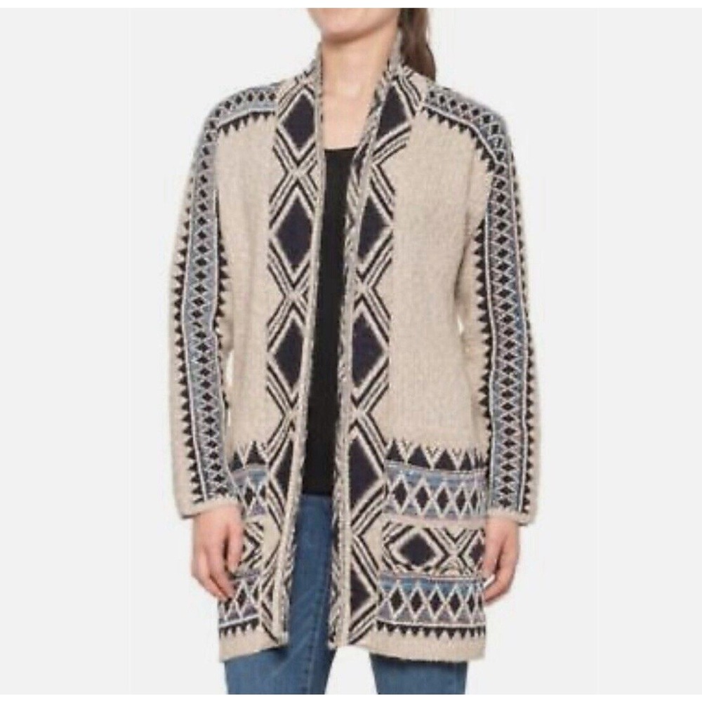 Lucky Brand Tribal Aztec Cardigan Sweater Women Size S Open Front‎ Pockets Tan